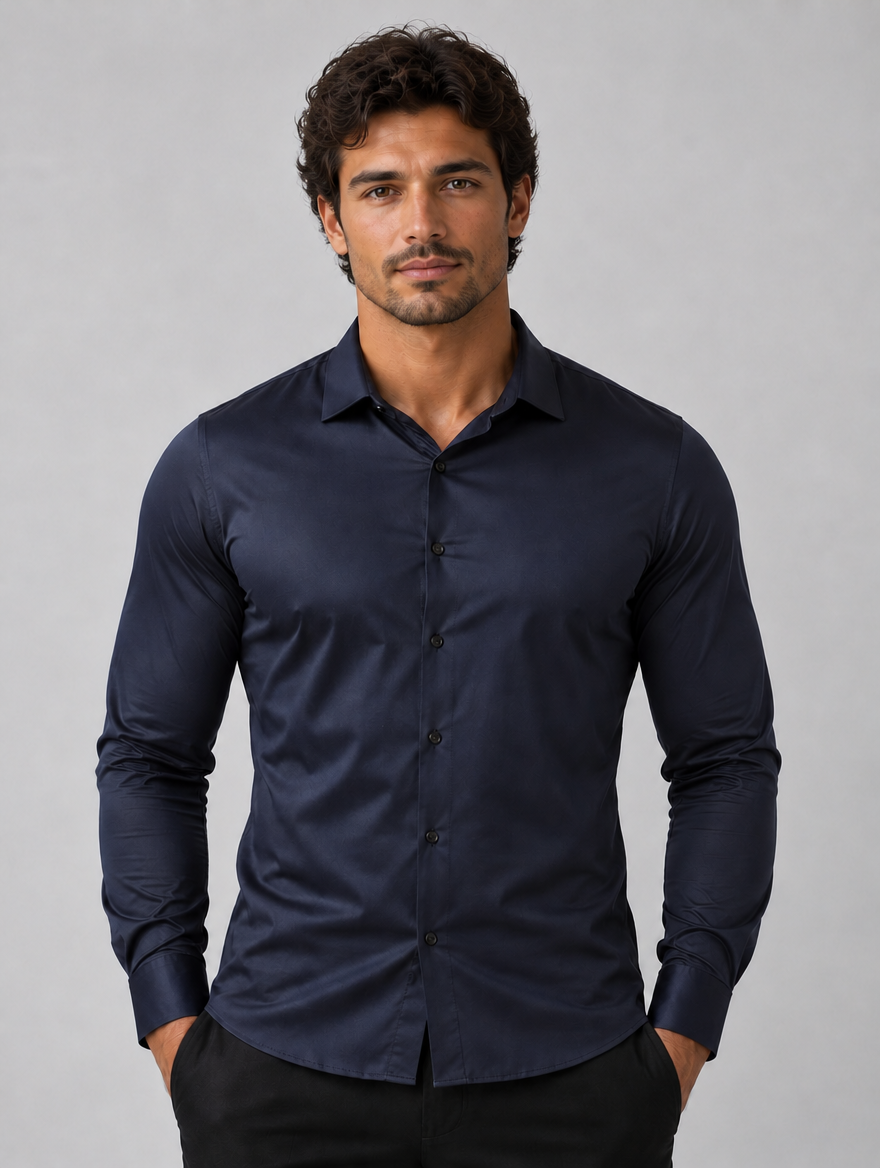 Men’s Slim Fit Satin Look Stretch Dress Shirt — Navy