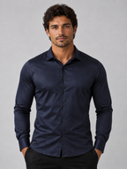 Men’s Slim Fit Satin Look Stretch Dress Shirt — Navy