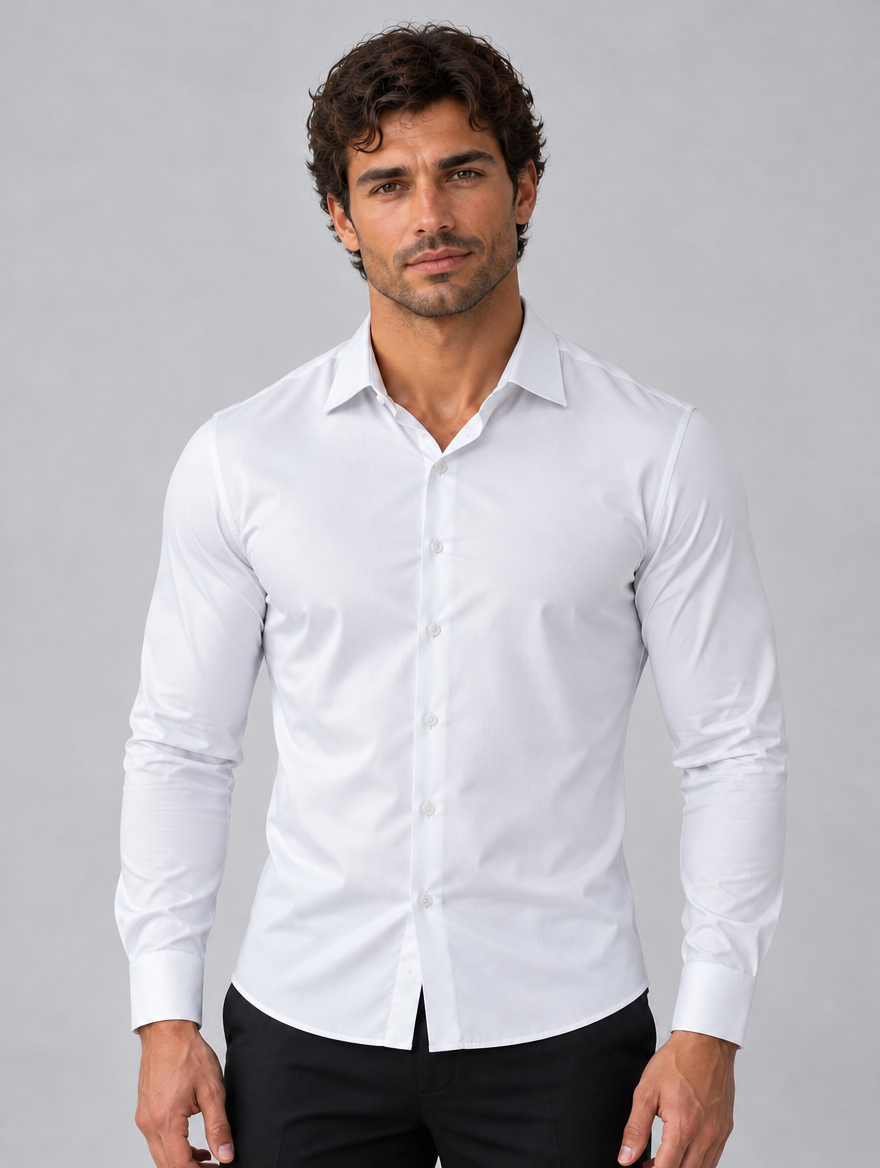 Men’s Slim Fit Satin Look Stretch Dress Shirt — White