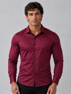 Men’s Slim Fit Satin Look Stretch Dress Shirt — Burgundy