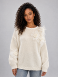 Women’s Floral Knit Jumper – Crew Neck Long Sleeve Sweater with 3D Flower Detail — Cream