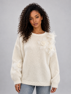 Women’s Floral Knit Jumper – Crew Neck Long Sleeve Sweater with 3D Flower Detail — Cream