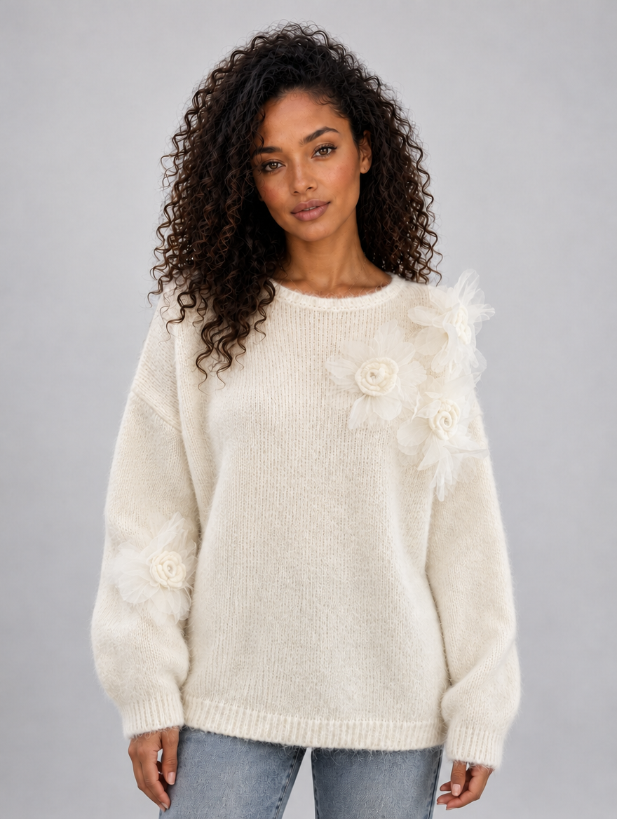 Women’s Floral Knit Jumper – Crew Neck Long Sleeve Sweater with 3D Flower Detail — Cream