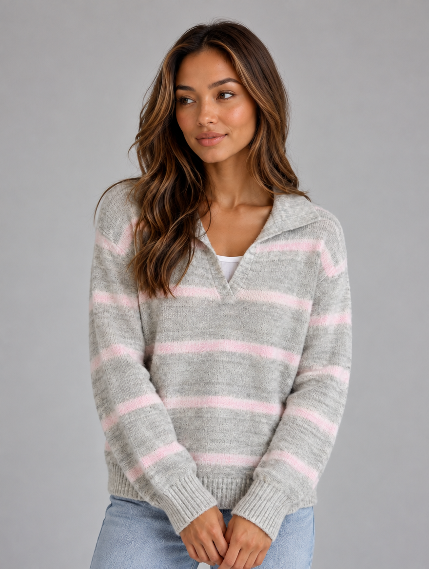 Women’s Wool Striped Jumper – Collared V-Neck Long Sleeve Knit Sweater — Light Grey
