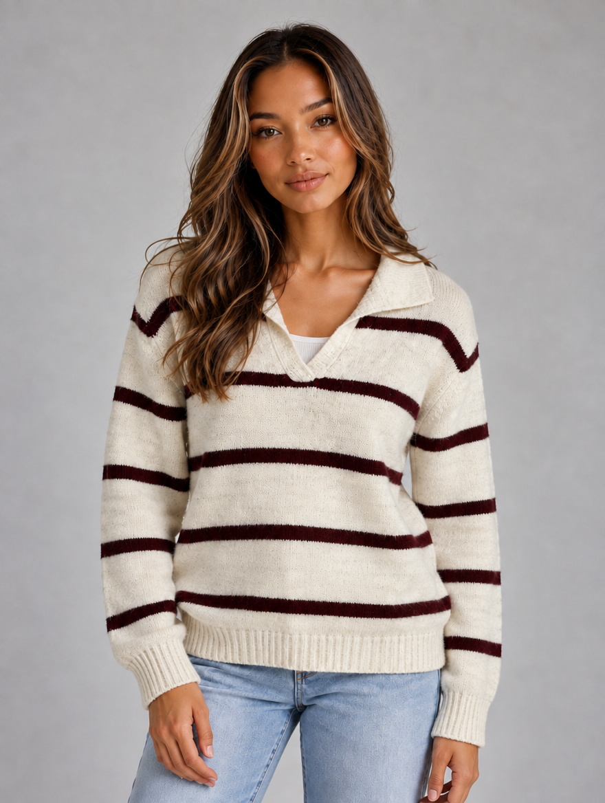 Women’s Wool Striped Jumper – Collared V-Neck Long Sleeve Knit Sweater — Brown