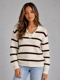 Women’s Wool Striped Jumper – Collared V-Neck Long Sleeve Knit Sweater — Brown