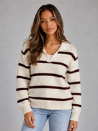 Women’s Wool Striped Jumper – Collared V-Neck Long Sleeve Knit Sweater — Brown