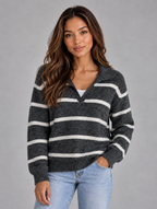 Women’s Wool Striped Jumper – Collared V-Neck Long Sleeve Knit Sweater — Dark Grey
