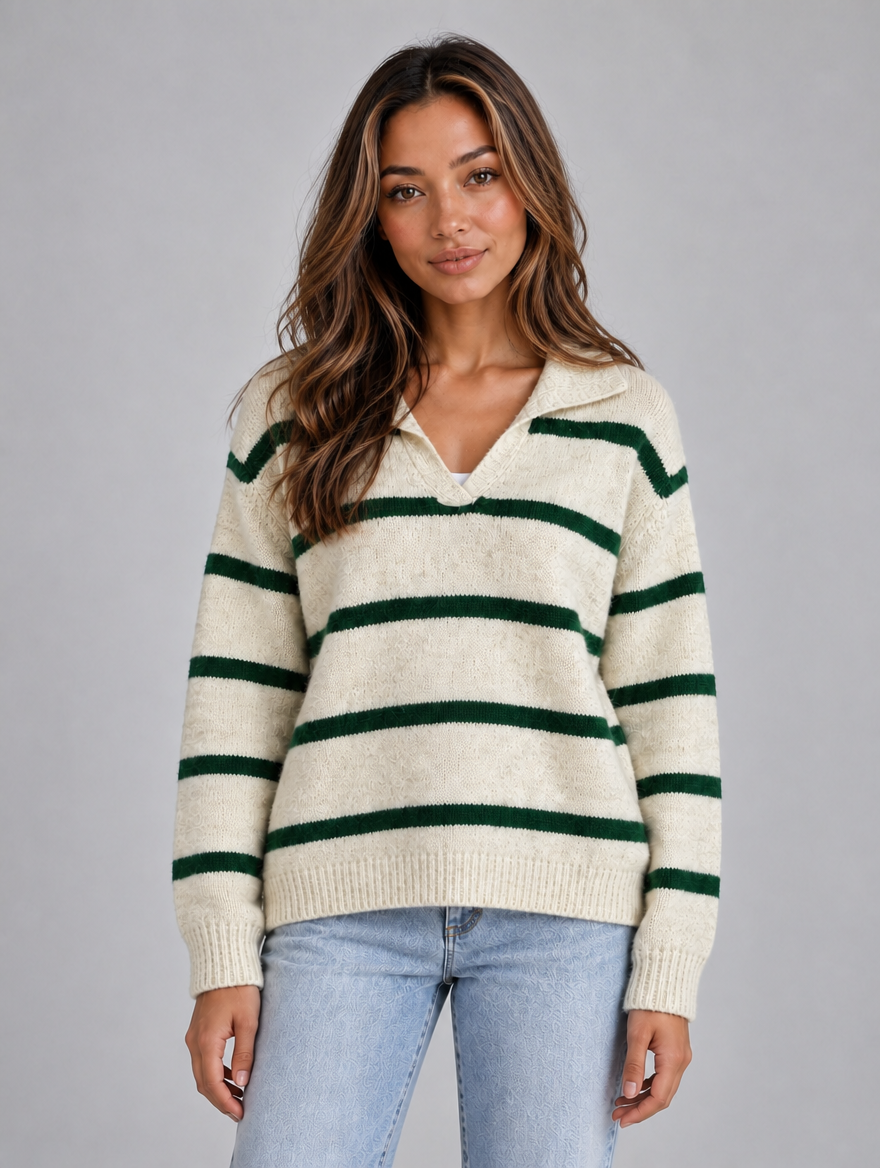 Women’s Wool Striped Jumper – Collared V-Neck Long Sleeve Knit Sweater — Green
