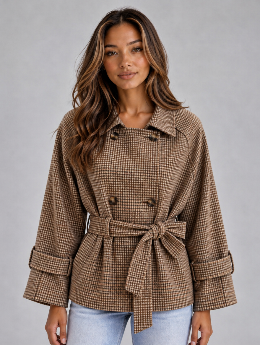 Women’s Short Trench Coat – Double Breasted Belted Jacket with Check Pattern — Khaki