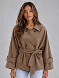Women’s Short Trench Coat – Double Breasted Belted Jacket with Check Pattern — Khaki