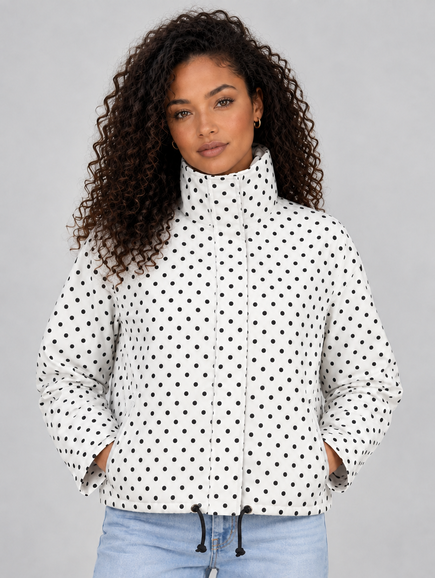 Women’s Polka Dot Cropped Jacket – Zip Up High Collar Drawstring Coat — White