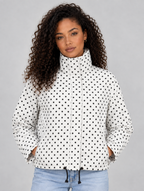 Women’s Polka Dot Cropped Jacket – Zip Up High Collar Drawstring Coat — White