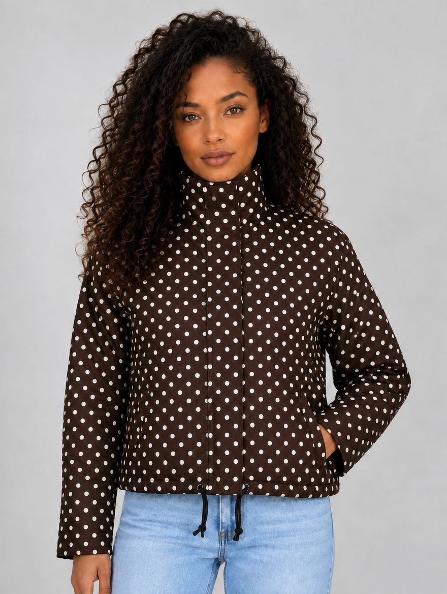Women’s Polka Dot Cropped Jacket – Zip Up High Collar Drawstring Coat — Brown