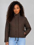 Women’s Polka Dot Cropped Jacket – Zip Up High Collar Drawstring Coat — Brown