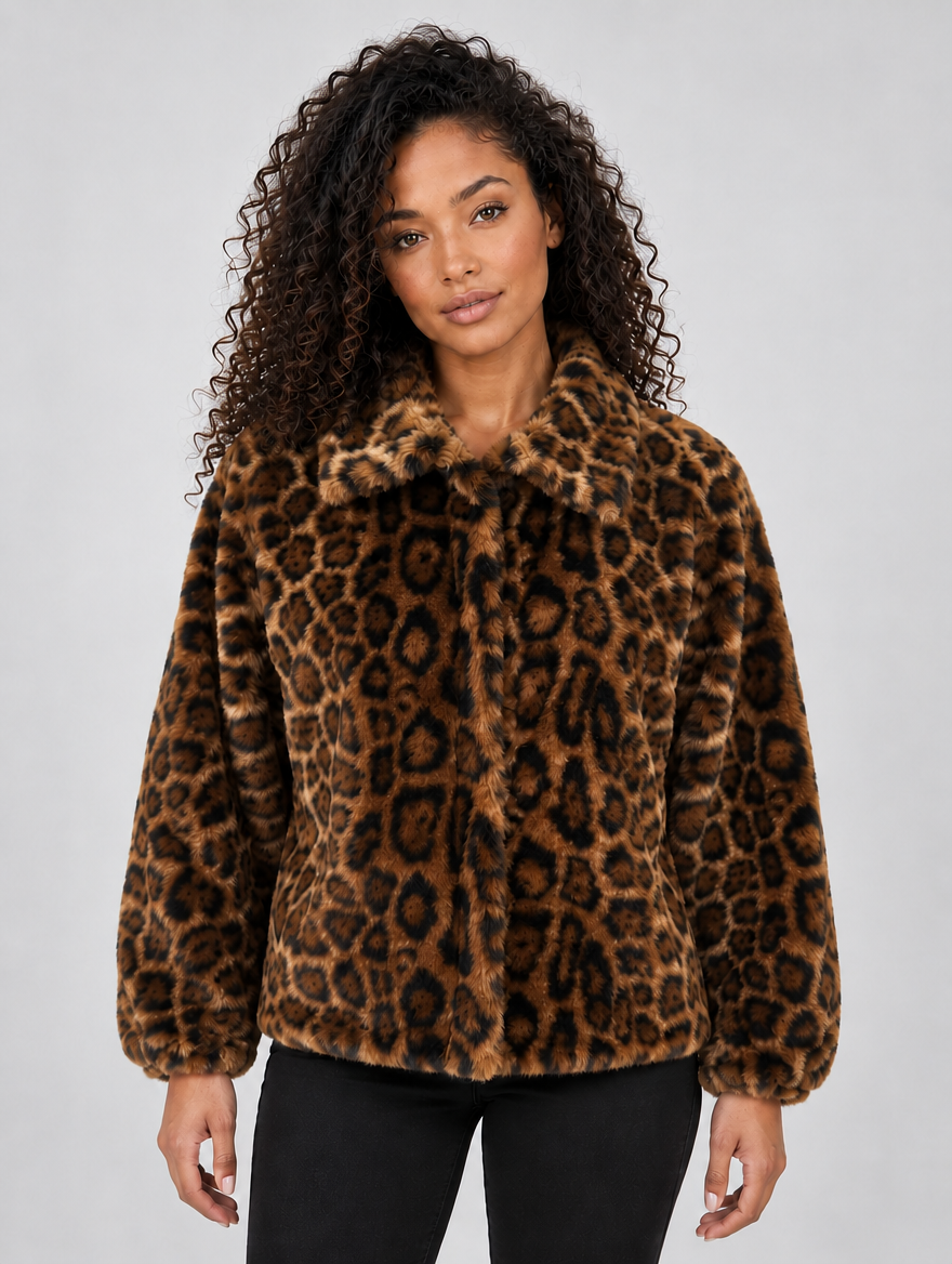Women’s Leopard Print Faux Fur Jacket – Soft Plush Winter Coat — Leopard