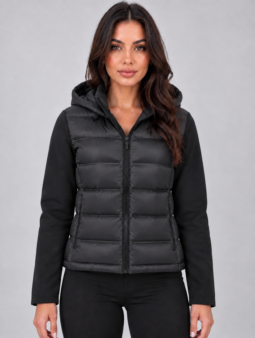 Women’s Hooded Puffer Jacket – Quilted Zip Up Winter Coat — Black