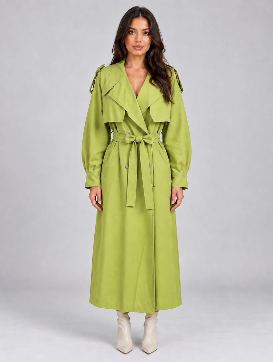 Women’s Longline Trench Coat – Double Breasted Belted Lightweight Mac — Green