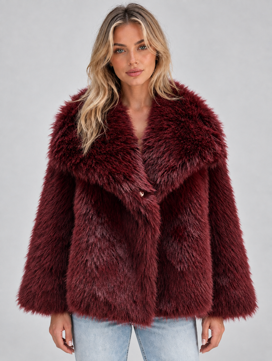 Women’s Faux Fur Jacket – Plush Oversized Collar Winter Coat — Burgundy