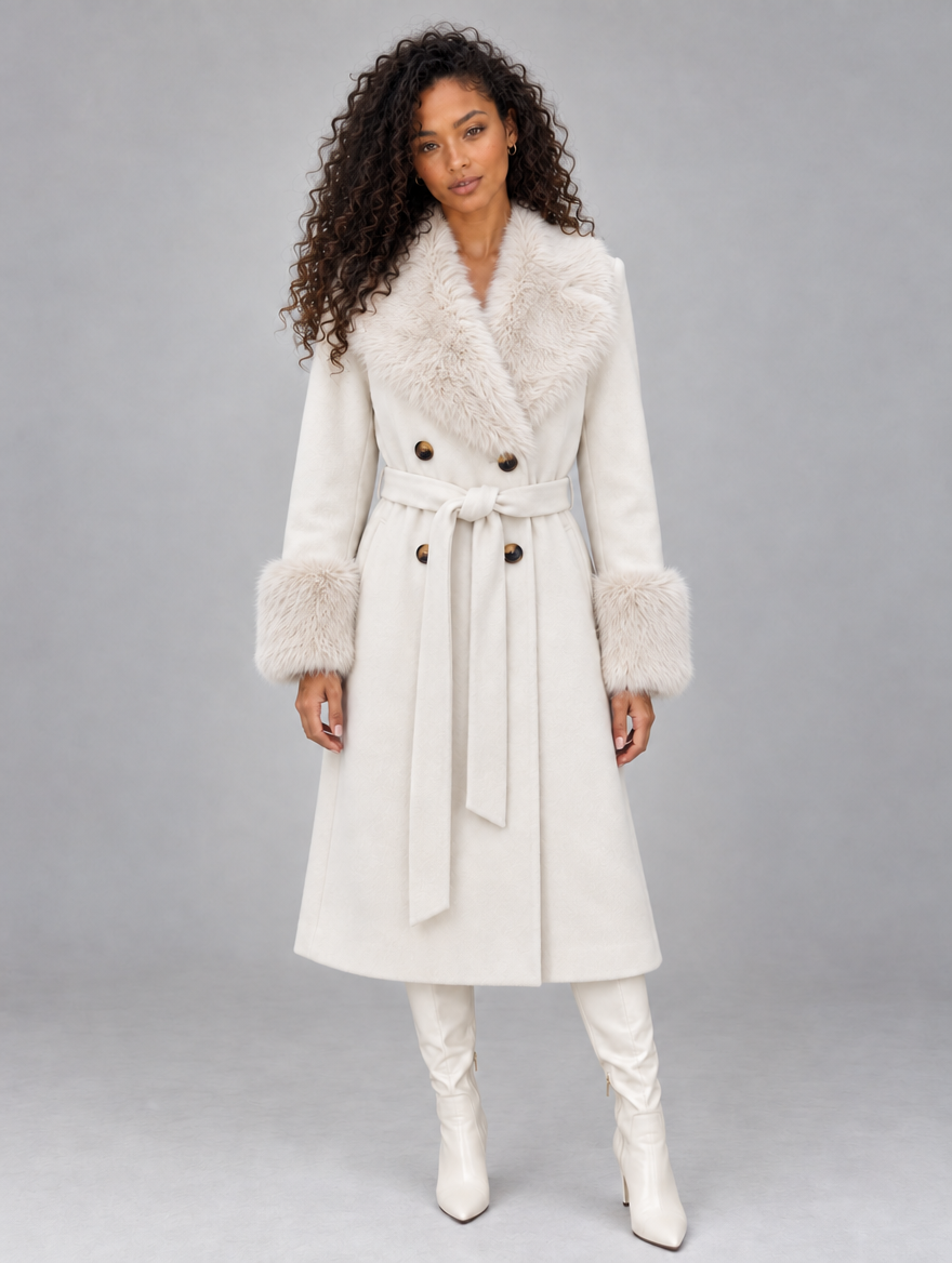 Women’s Faux Fur Collar Coat – Belted Double Breasted Long Winter Coat — Cream