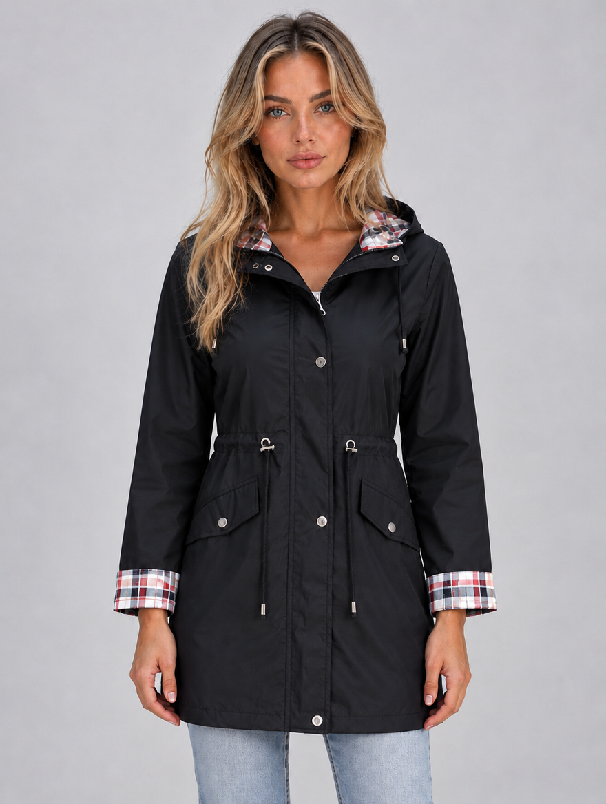 Women’s Longline Hooded Raincoat – Zip Up Parka with Adjustable Drawstring Waist — Black