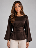 Women’s Satin Look Tie Waist Blouse — Brown