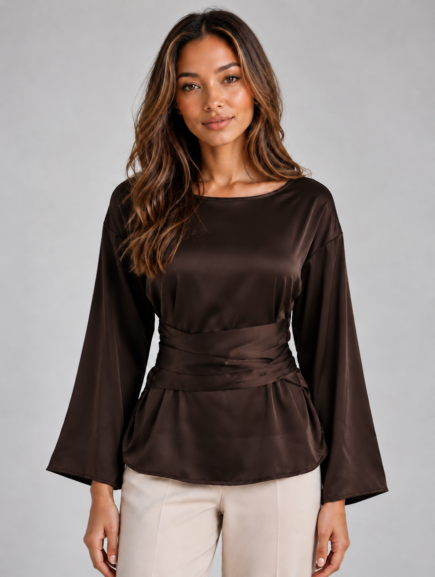 Women’s Satin Look Tie Waist Blouse — Brown
