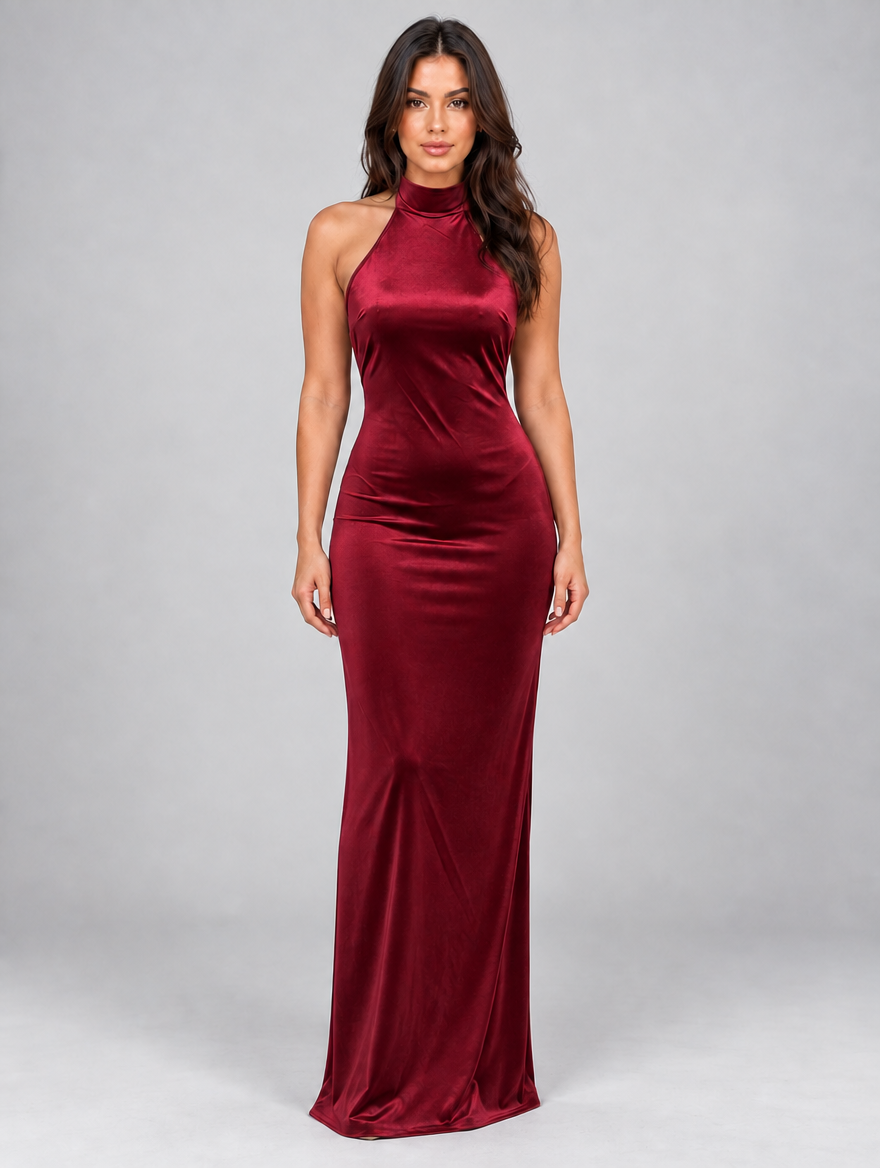 Women’s Satin Look Halter Neck Maxi Dress — Red