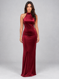 Women’s Satin Look Halter Neck Maxi Dress — Red