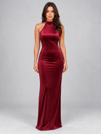 Women’s Satin Look Halter Neck Maxi Dress — Red