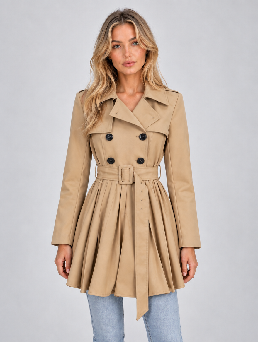 Women’s Pleated Skirt Trench Coat – Double Breasted Belted Jacket — Beige