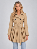 Women’s Pleated Skirt Trench Coat – Double Breasted Belted Jacket — Beige