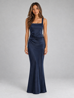 Women’s Satin Look Corset Back Maxi Dress — Navy