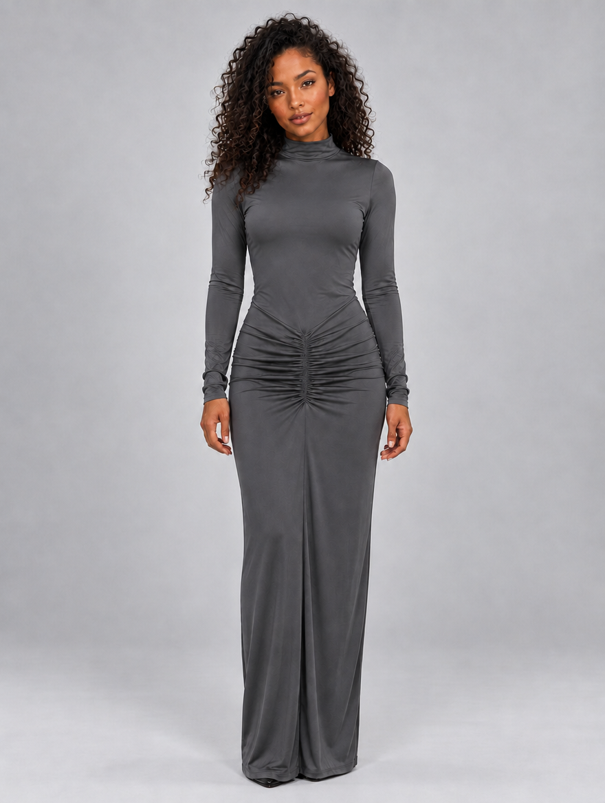Women’s Ruched High Neck Maxi Dress — Grey