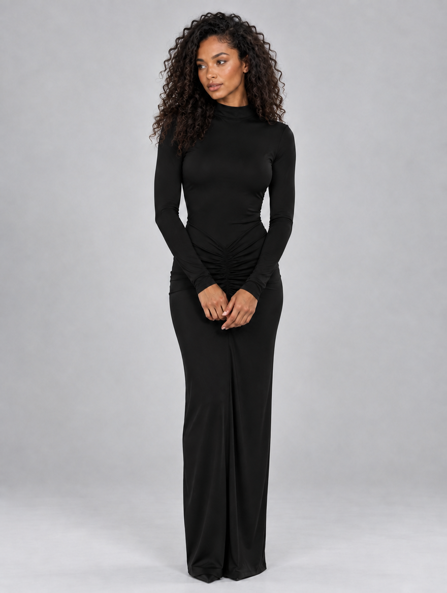 Women’s Ruched High Neck Maxi Dress — Black