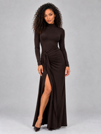 Women’s High Neck Ruched Maxi Dress – Long Sleeve Split Evening Gown — Brown