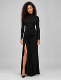 Women’s High Neck Ruched Maxi Dress – Long Sleeve Split Evening Gown — Black