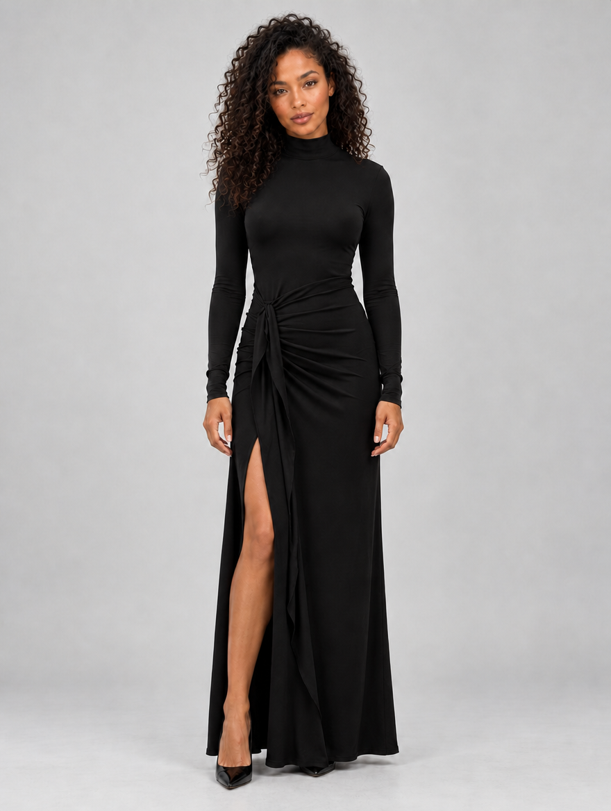 Women’s High Neck Ruched Maxi Dress – Long Sleeve Split Evening Gown — Black