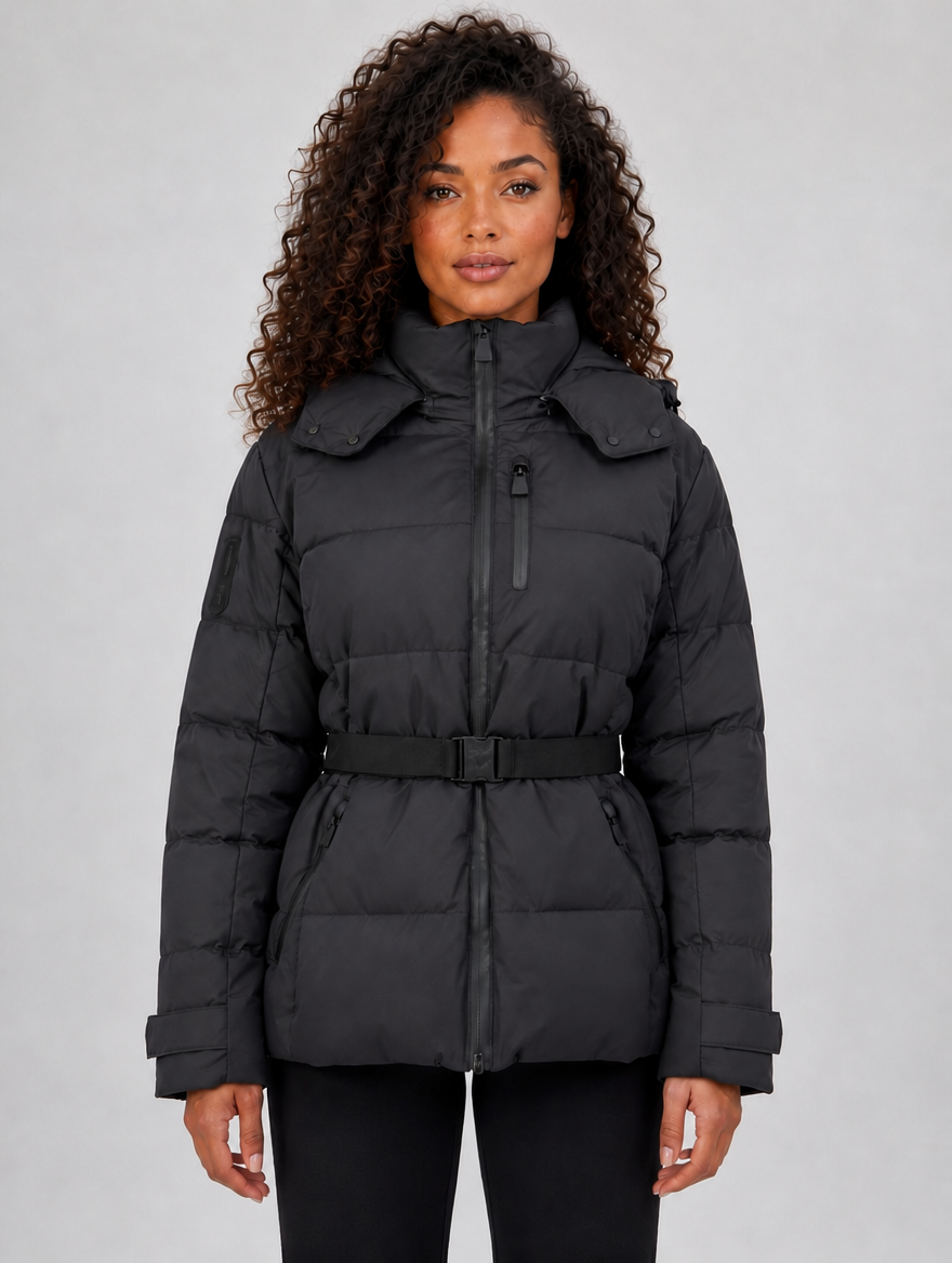 Women’s Belted Hooded Puffer Jacket – Warm Padded Winter Coat — Black