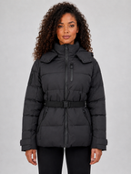 Women’s Belted Hooded Puffer Jacket – Warm Padded Winter Coat — Black