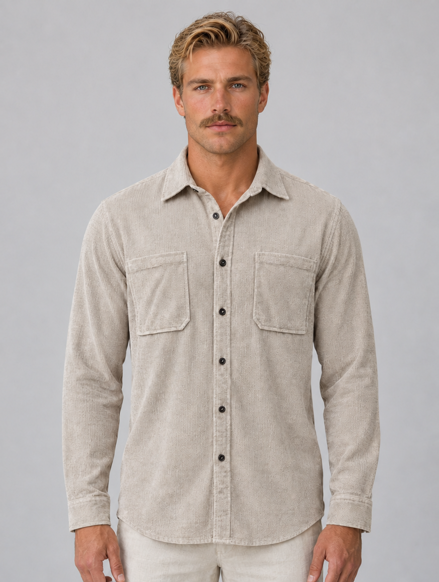 Men’s Corduroy Button-Up Shirt – Long Sleeve Overshirt — Beige