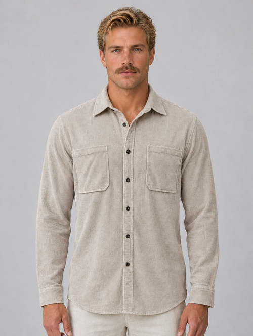 Men’s Corduroy Button-Up Shirt – Long Sleeve Overshirt — Beige