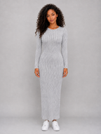 Women’s Ribbed Knit Maxi Dress – Long Sleeve Bodycon Style — Grey