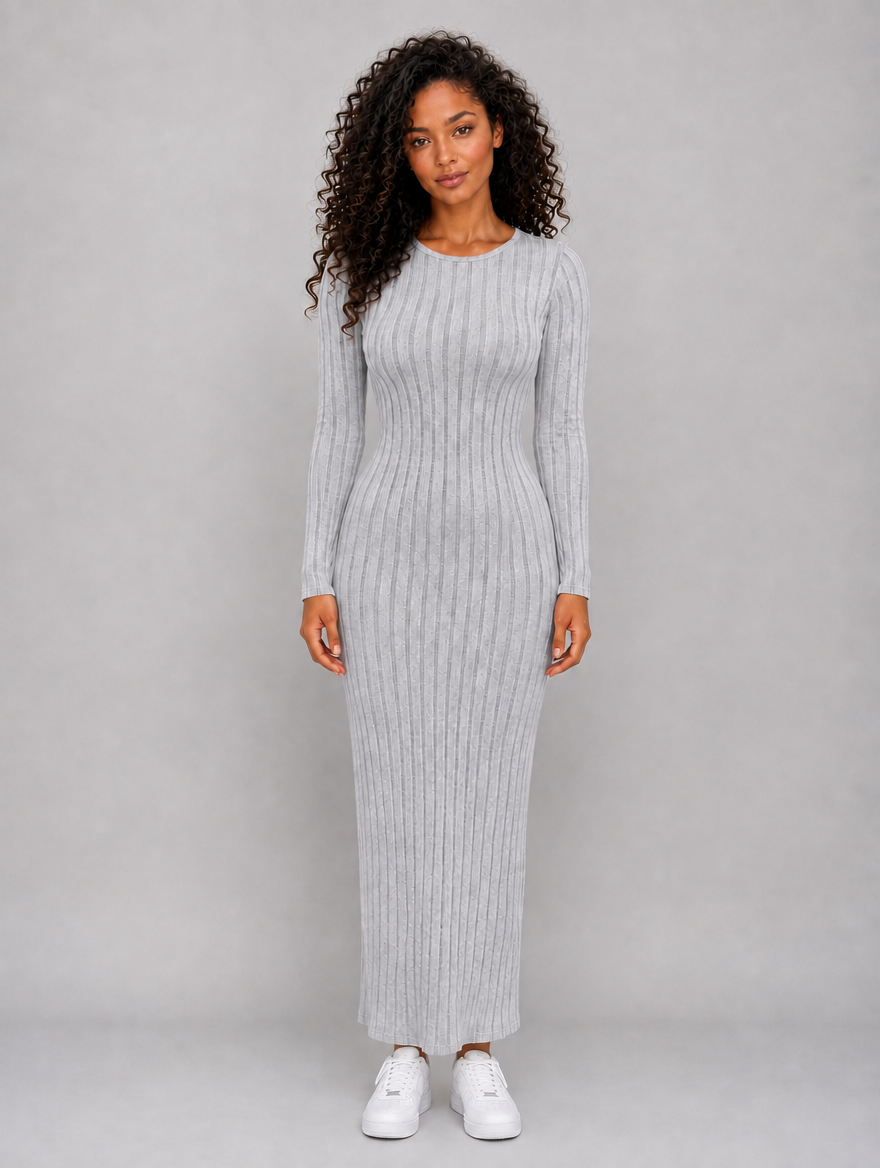 Women’s Ribbed Knit Maxi Dress – Long Sleeve Bodycon Style — Grey