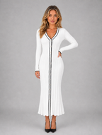 Women’s Ribbed Button Front Midi Dress – V-Neck Long Sleeve Knitted Style — White