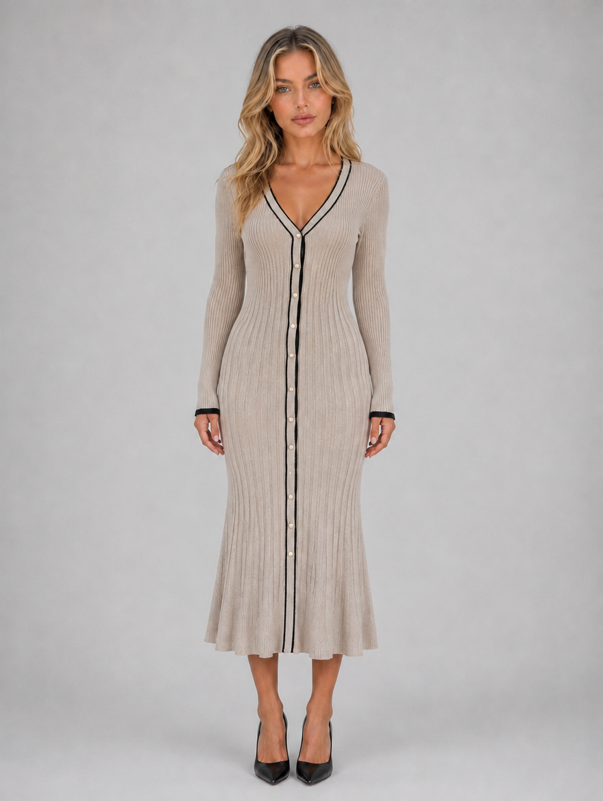 Women’s Ribbed Button Front Midi Dress – V-Neck Long Sleeve Knitted Style — Beige