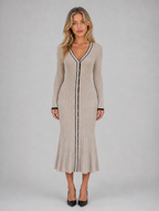 Women’s Ribbed Button Front Midi Dress – V-Neck Long Sleeve Knitted Style — Beige