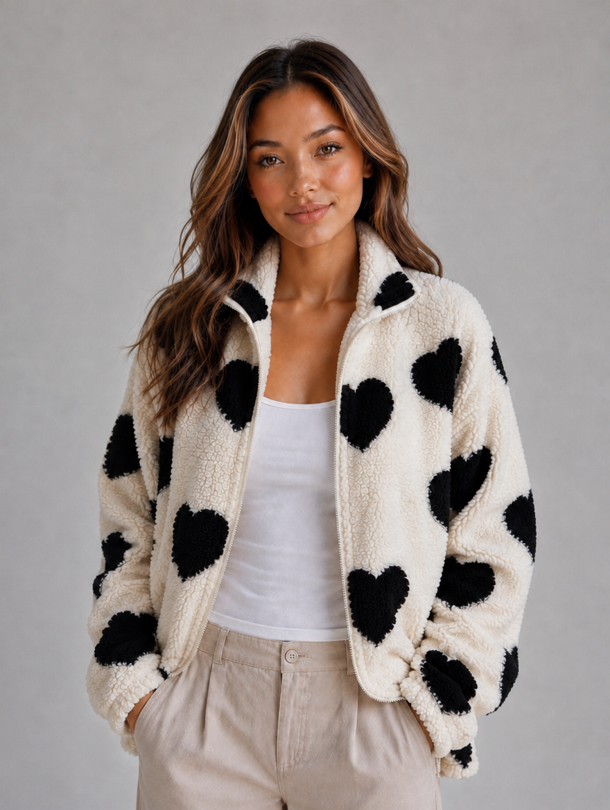 Women’s Heart Print Teddy Fleece Jacket – Zip Up Relaxed Fit Sherpa — Black