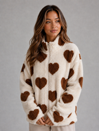 Women’s Heart Print Teddy Fleece Jacket – Zip Up Relaxed Fit Sherpa — Brown