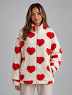 Women’s Heart Print Teddy Fleece Jacket – Zip Up Relaxed Fit Sherpa — Red